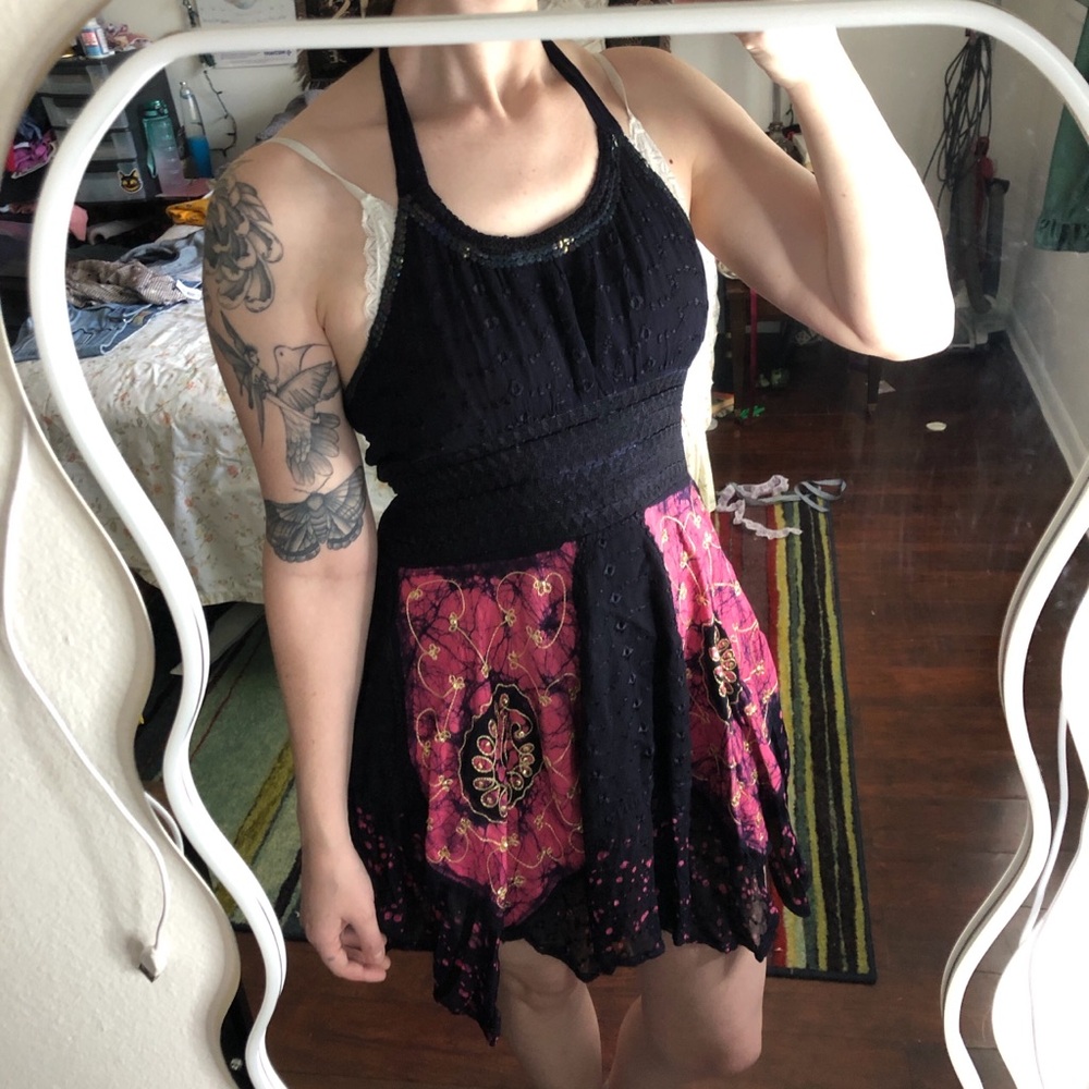 Purple and pink asymmetrical sequin embroidered dress
